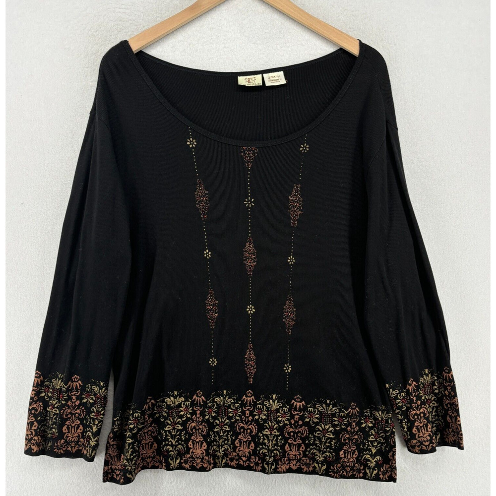 LA BLEND Tunic XL Floral Border Print Ribbed Scoop Neck Long Sleeve Cotton Black
